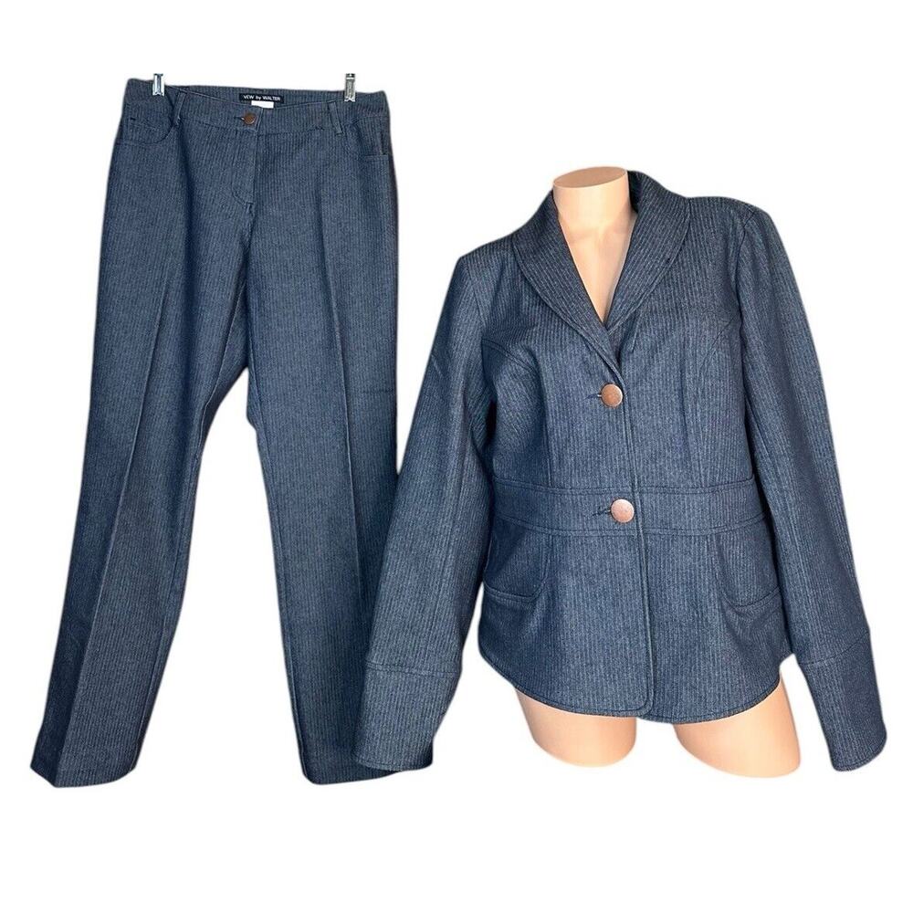 View By Walter Blue Herringbone Denim Trouser Jeans and Blazer Pant Suit Sz 10 L